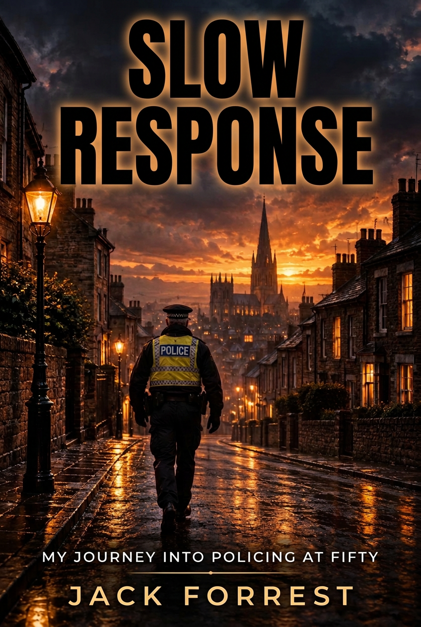 Slow Response — cover concept showing an officer on a rain-lit street at dusk
